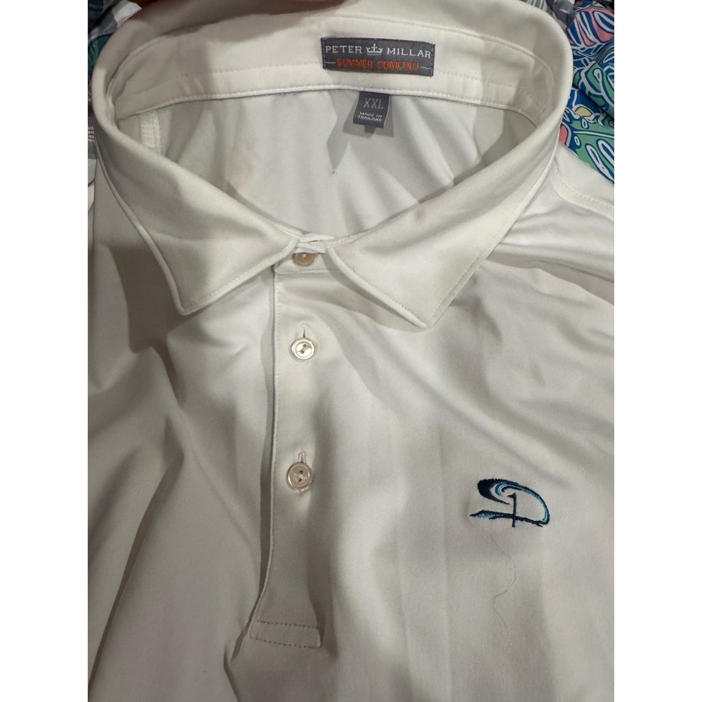 Peter Millar Summer Comfort Mens XXL White Performance Golf Polo Wave Logo Shirt